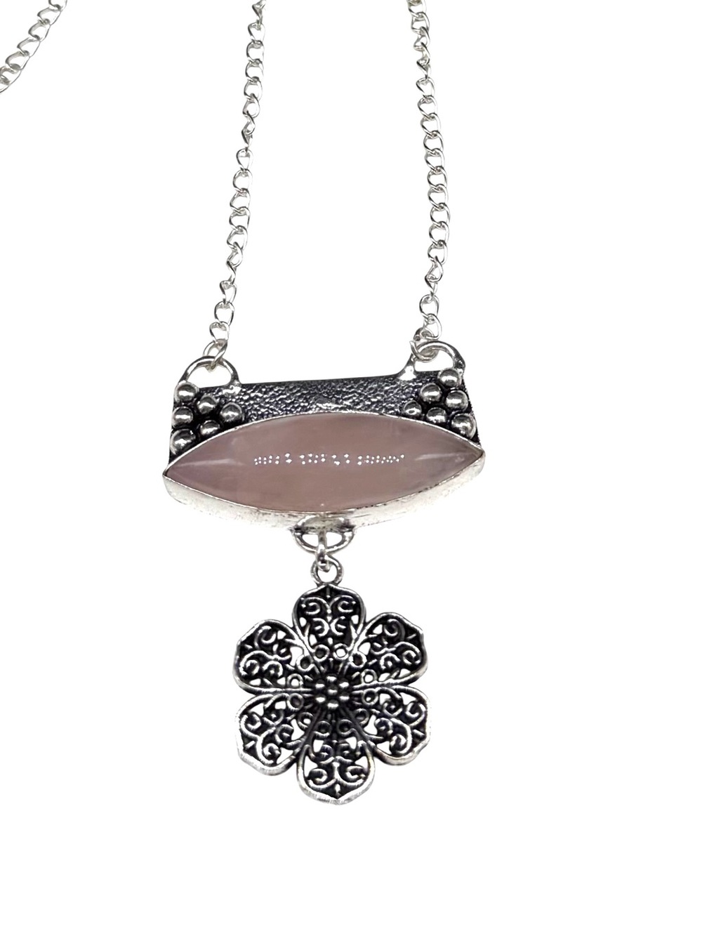 Rose Quartz Flower Pendant Necklace 925 Sterling Silver Overlay